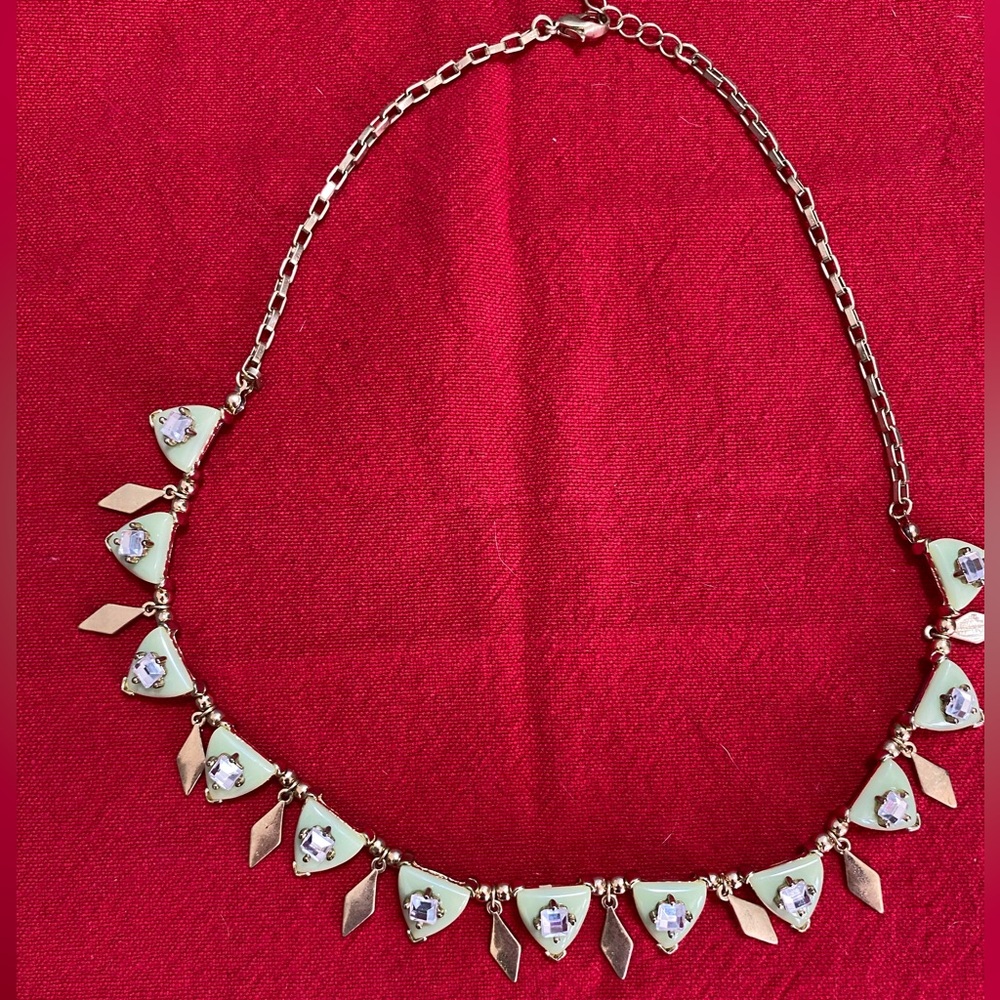 Mint green vintage thermoset pendant, adjustable, gold tone chain necklace,gems